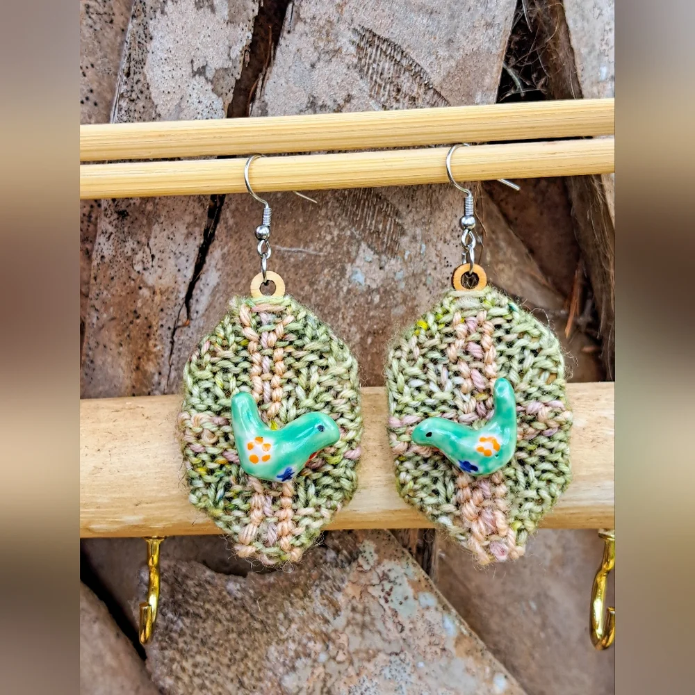 Green Knit Hexagon Earrings with Hand Embroidery Elements and a Bird-Shaped Bead - Picture 11 of 16